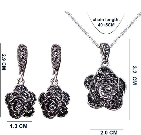 Vintage Black Crystal Geometric Rose Flower Necklace Earrings Fashion Jewelry Sets Christmas Day Gifts...