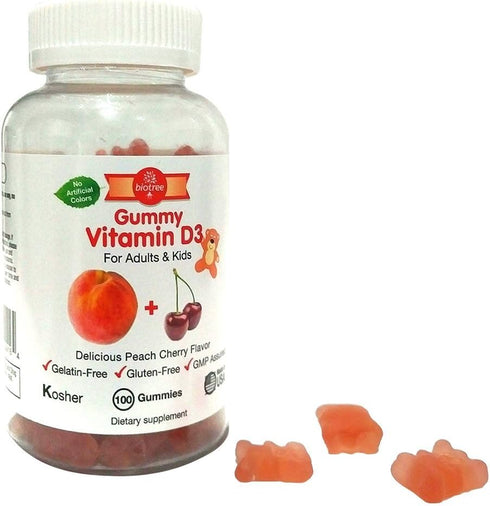 BioTree Labs Vitamin D Gummy Bears - Pack of 100, for Adults & Kids | Peach & Cherry Flavored Chewable Vitamin D3 | Great for Healthy Bones, Teeth...