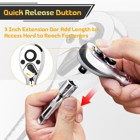Stubby Ratchet Set- 3/8" Drive Ratchet Handle with a Extension Bars, Gift for Men 72-T Reversible Quick Release Head Premium Mini Ratchet Wrench f...