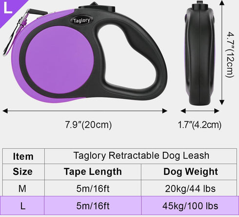 Taglory Retractable Dog Leash, 16ft No Tangle Dog Leash Retractable for Medium and Large Dogs Up to 100 lbs, One-Handed Brake, Pause, Lock, Purple...