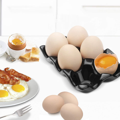 Flexzion Ceramic 6 Cups Egg Tray - Half Dozen Porcelain Egg Holder Container Keeper Storage Organizer Decorative Serving Dish Serveware for Refrig...