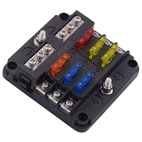 WUPP 12 Volt Fuse Block, Waterproof Boat Fuse Panel with LED Warning Indicator Damp-Proof Cover, 6 Circuits with Negative Bus Fuse Box for Car Mar...