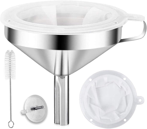 Kitchen Funnel for Filling Bottles, 304 Stainless Steel Food Funnels with Strainer and 200 Mesh Filter, Metal Funnel Set for Transferring Canning ...