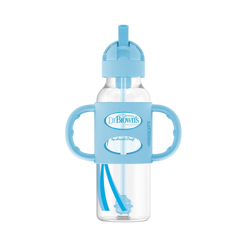 Dr. Brown's Milestones Narrow Sippy Straw Bottle, Spill-Proof with 100% Silicone Handles and Weighted Straw, 8 oz/250 mL, Blue, 6m+...