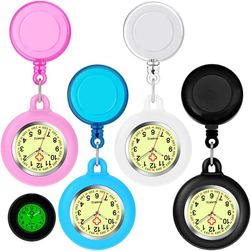 4 Pack Retractable Nurse Watch for Nurses Doctors, Clip-on Hanging Lapel Nurse Watch Silicone Cover Brooch Fob Pocket Watch Badge Reel...