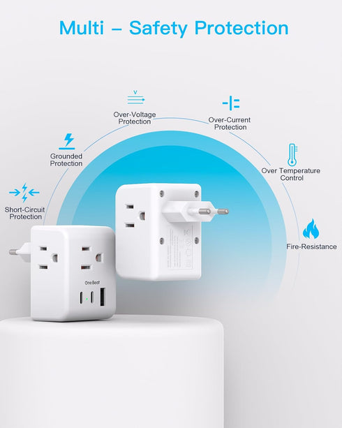 2 Pack European Travel Plug Adapter, One Beat International Power Plug Adapter with 3 Outlets 1 USBA 2 USB C, Type C Plug Adapter Travel Essential...