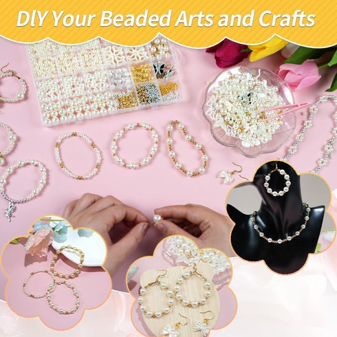 funluck Pearls Beads Kit with Hole-Jewelry Making Pearl Beads Supplies Including Gold&Sliver Beads-White Pearls for Crafting with Charms-Ideal for...