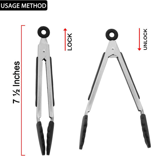 Small Serving Tongs with Silicone Tips 7 Inch Mini Stainless Steel Food Tongs, Set of 3 (Black)...