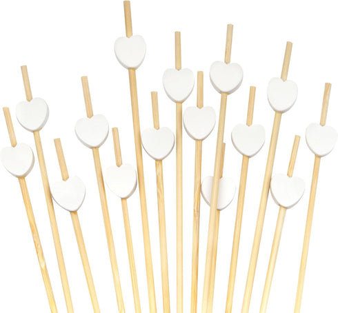 BambooMN 7.1" Decorative White Heart Bamboo Cocktail Fruit Sandwich Picks Skewers for Catered Events, Holiday's, Restaurants or Buffets Party Supp...