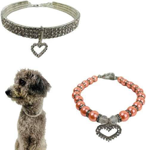 Pearl Cat Necklace and Rhinestones Dog Pendant Collar Set Adjustable Pet Necklace for Small Pet Cat Dogs Puppy Wedding Birthday Party (M)...