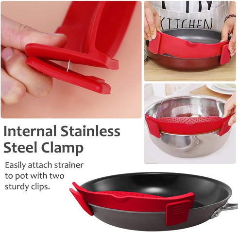 YEVIOR Clip on Strainer for Pots Pan Pasta,Silicone Food Strainer Hands-Free Pan Strainer, Clip-on Kitchen Food Strainer for Spaghetti, Pasta, Gro...