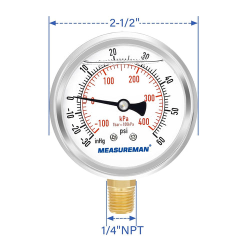MEASUREMAN 2-1/2" Dial Size, Glycerin Filled Pressure Gauge, 30inHG-60psi, 304 Stainless Steel Case, 1/4"NPT Lower Mount...