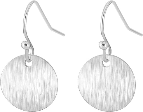 Sterling Silver Dangle Earrings for Women White Gold Plated Silver Round Disc Brushed Earrings Minimalist Jewelry...