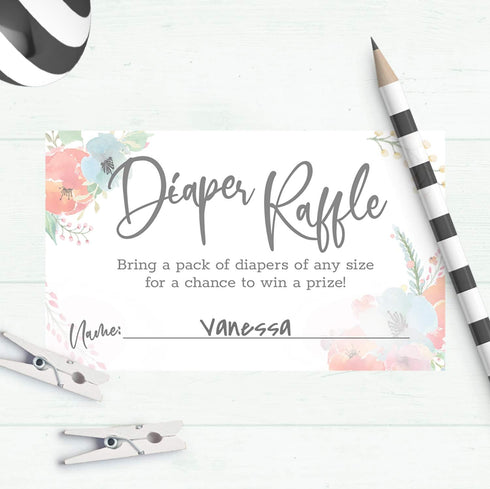 Canopy Street Pastel Watercolor Floral Diaper Raffle Tickets / 50 Baby Shower Sprinkle Game Drawing Cards / 2" x 3.5" Gender Reveal Party Activity...