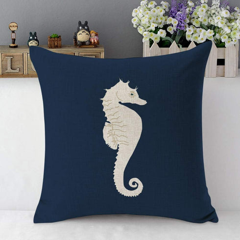 Mugod Sea Horse Decorative Throw Pillow Cover Case Marine Animal Cute Hippocampus White and Navy Blue Cotton Linen Pillow Cases Square Standard Cu...