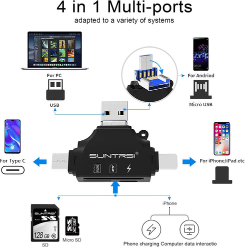 4 in 1 SD Card Reader for iPhone ipad Android Mac PC Camera,Micro SD Card Reader SD Card Adapter Portable Memory Card Reader Trail Camera Viewer C...