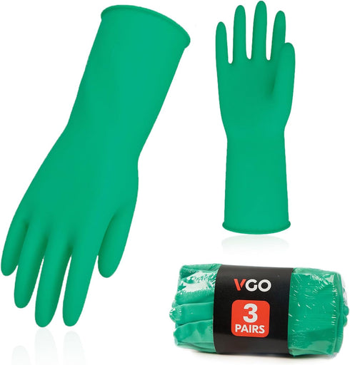 Vgo... 3-Pairs Reusable Household Gloves, Rubber Dishwashing gloves, Extra Thickness, Long Sleeves, Kitchen Cleaning, Working, Painting, Gardening...