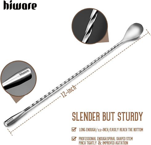 Hiware LZS13B 12 Inches Stainless Steel Mixing Spoon, Spiral Pattern Bar Cocktail Shaker Spoon...