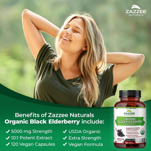 Zazzee USDA Organic Black Elderberry 10:1 Extract, 5000 mg Strength, 120 Vegan Capsules, 2 Month Supply, Standardized, Concentrated 10X Extract, 1...