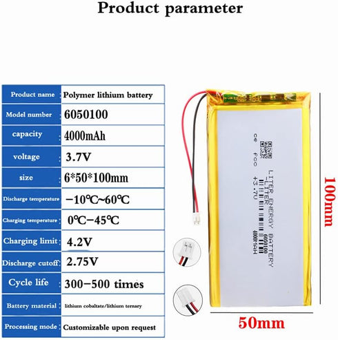 3.7V 6050100 4000mAh Lithium Polymer ion Battery Rechargeable Polymer Battery Pack with JST 2.0mm Connector...