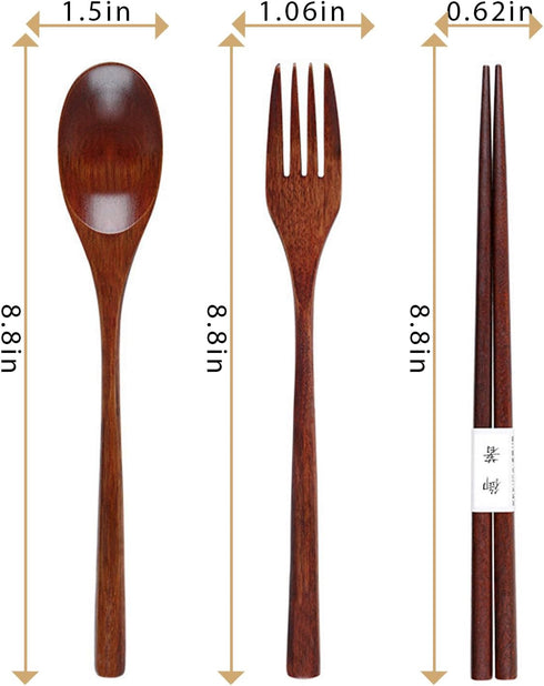 Wooden Flatware Set, 8.8"Chopsticks Spoon Fork Flatware Tableware Cutlery Set Travel Utensils Tied Line Reusable Flatware for Camping,Picnic,Offic...