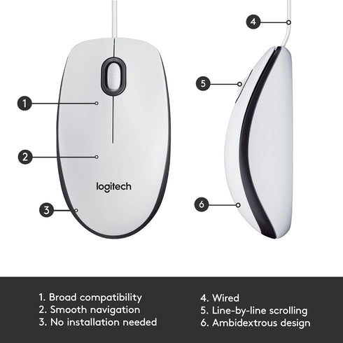 Logitech M100 Wired USB Mouse, 3-Buttons, 1000 DPI Optical Tracking, Ambidextrous PC/Mac/Laptop, White...