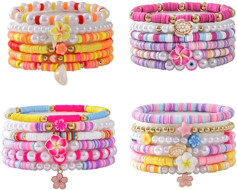 Pingyongchang Bohemian Turtles Heishi Beaded Stretch Bracelets For Women Polymer Clay Colorful Flower Vinyl Disc Surfer Layering Stackable Beads P...
