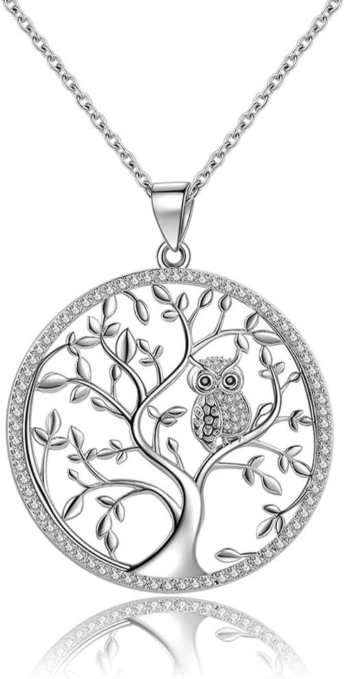 925 Sterling Silver Owl Tree of Life Pendant Necklace with 18 Inch Chain...