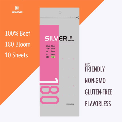 HAODONG Silver Gelatin Sheets - 180 Bloom Beef Leaf Gelatin for Baking and Cooking, Desserts (9-10 Sheets, 25g)...