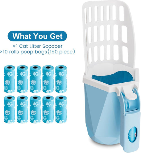 Cat Litter Scooper with Holder Kitty Litter Scoop with Bag, Cat Litter Shovel with 150 Refill Bags, Portable Cat Poop Scooper Cat Litter Container...
