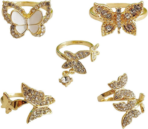 5 Pcs Butterfly Statement Rings Set for Women Girls Wedding Promise Engagement Cubic Zirconia Gold Plated Open Band Knuckle Rings Comfort Fit Fash...
