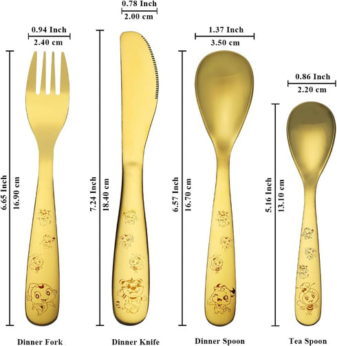 Berglander Gold Toddler Utensils 4 Pieces Golden Titanium Plating Kids Silverware Set, Children Safe Forks and Spoons Flatware, Mirror Polished Sm...