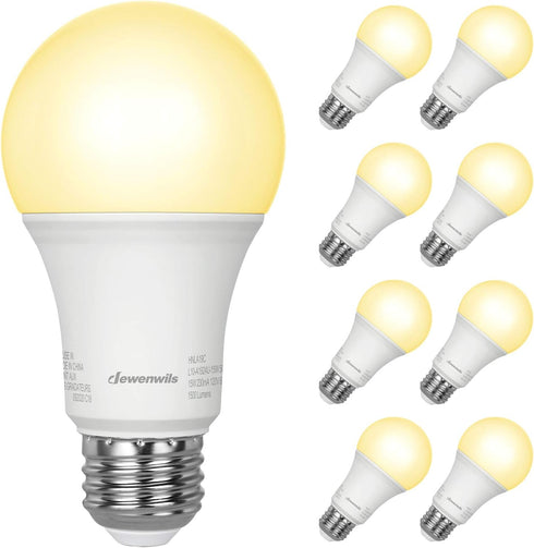 DEWENWILS 8-Pack A19 LED Light Bulb, 1500LM, 3000K Soft Warm Light Bulb, Energy Saving 14W(100W Equivalent) LED Bulb, E26 Medium Screw Base, Non D...