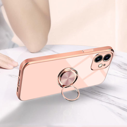 Omorro for Pink iPhone 11 Case for Women Ring Holder, Built-in 360 TPU Rotation Kickstand Rings Cases with Stand Glitter Plating Rose Gold Edge Wo...