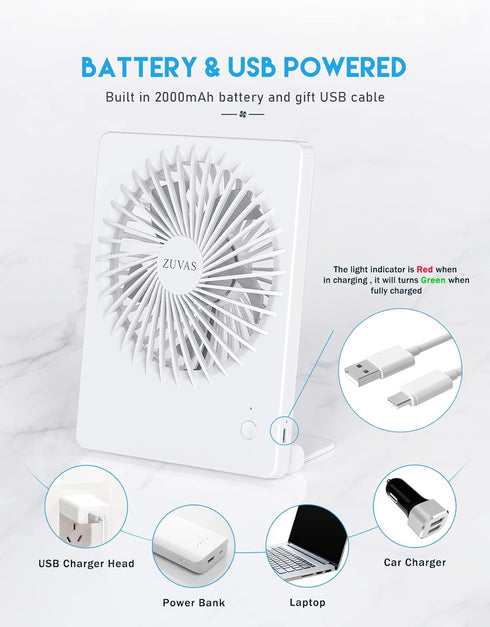 Zuvas Desk Fan Battery Operated Fan Rechargeable 180°Tilt Folding Personal Fan Ultra Quiet Small Portable 3 Speed Adjustable Strong Wind Fan For O...
