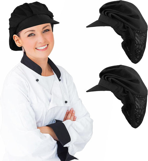 Yolev 2Pcs Chef Hats-Kitchen Baker Cooking Hair Nets Food Service Hairnets for Women Men with Brim (Black)...