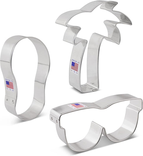 Summer Beach Cookie Cutters 3-Pc. Set Made in USA by Ann Clark, Flip Flop, Sunglasses, Palm Tree...