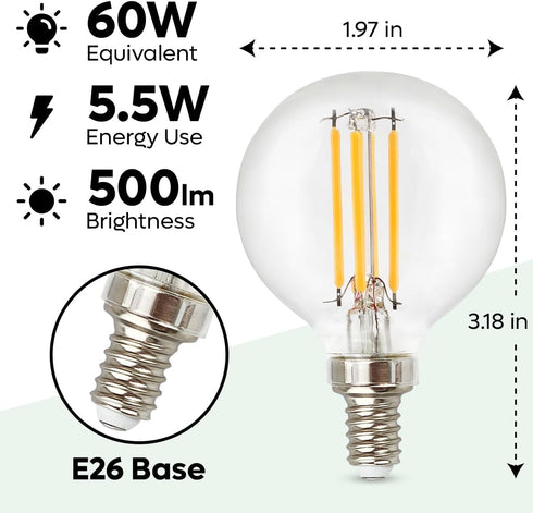 Dimmable G16.5 Bulbs 5.5W Equivalent to 60 Watt Filament Bulb for Home Room Spaces, E12 Edison LED Light Bulbs 500 Lumens Emit Warm White 3000K fo...