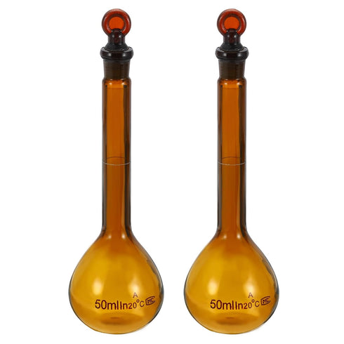 PATIKIL 50ml Volumetric Flask, 2Pcs 3.3 Borosilicate Glass Graduated Volumetric Measuring Flask with Glass Stopper Tolerance 0.32ml for Lab Experi...