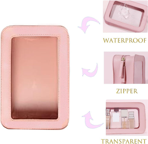 Clear and Waterproof Makeup Bag Portable Travel Cosmetic Case Organizer for Women Toiletry Pouch with Transparent Vinyl Windows & Zippers (Pink).....
