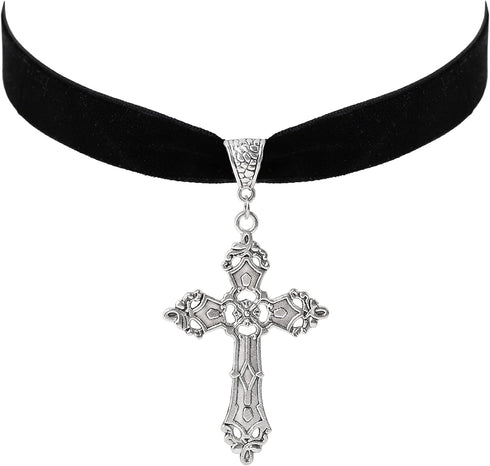 Sacina Gothic Cross Necklace, Zinc Alloy Black Cross Necklace, Halloween, Christmas Goth Jewelry Gift for Women (Silver Color Cross Choker)...