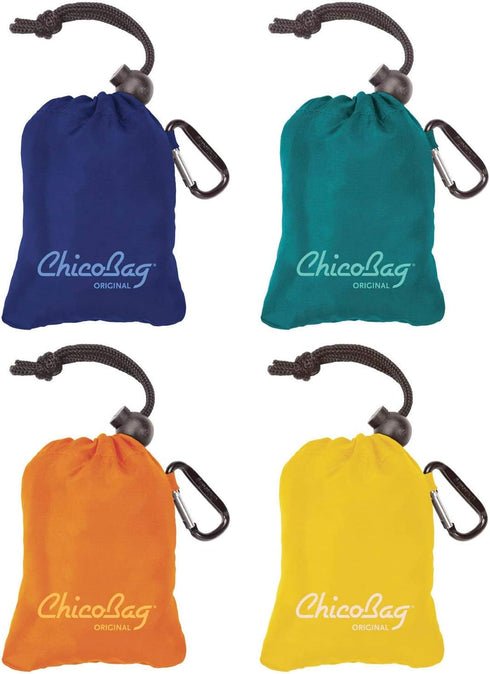 ChicoBag Original Compact Reusable Grocery Bag w/Attached Pouch and Carabiner Clip | Eco-Conscious Packable Tote | Variety 4pk - Mazarine, Aqua, O...