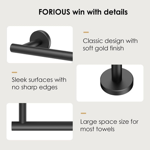 FORIOUS Towel Bar 14 Inch Center to Center, Matte Black Bathroom Towel Rack 304 Stainless Steel, Wall Mounted Towel Holder for Bathroom, includes ...