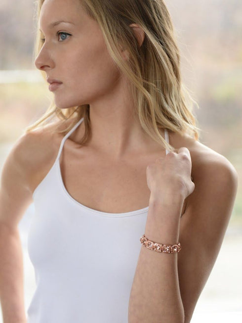 Mariell Pink Rose Gold Crystal Stretch Bracelet, Adjustable Bangle for Weddings, Prom, Bridesmaids, Gift...