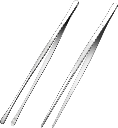 Fine Tweezer Tongs, 2pcs Cooking Tweezers, 12'' Stainless Steel Food Tweezers, Extra-Long Tweezer with Round and Straight Tips for Baking, Decorat...