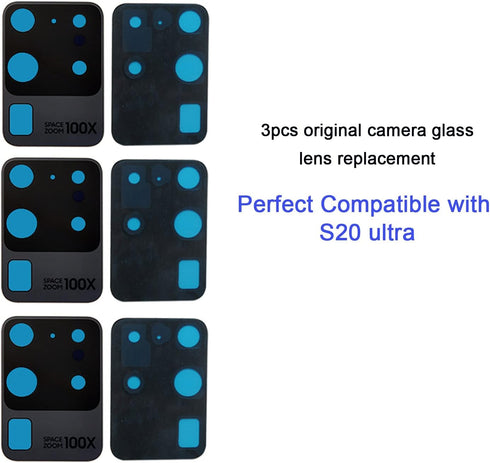 3pcs OEM Original Rear Back Camera Glass Lens Replacement for Samsung Galaxy S20 Ultra (All Carriers) with Adhisive Preinstalled and Repair Toolki...