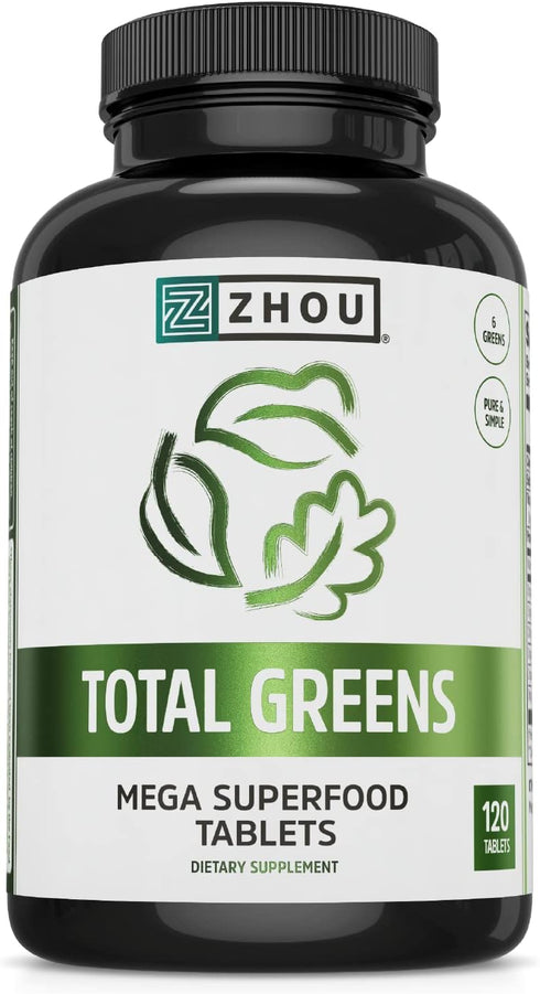 Zhou Nutrition Total Greens, Mega Superfood Tablets, Blend of Greens Supplement, Fiber and Antioxidants, Vitamin A, Spirulina, Chlorella, Alfalfa,...