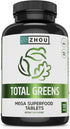 Zhou Nutrition Total Greens, Mega Superfood Tablets, Blend of Greens Supplement, Fiber and Antioxidants, Vitamin A, Spirulina, Chlorella, Alfalfa,...