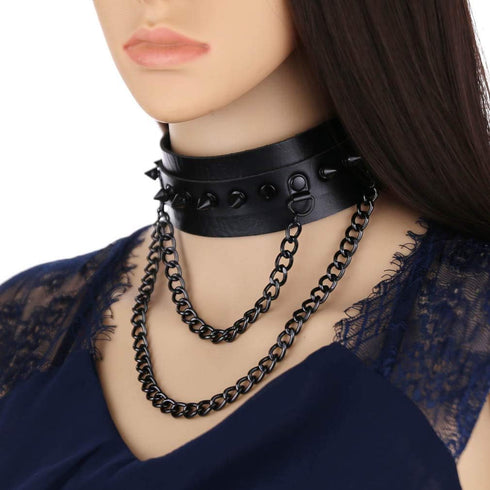 Unisex Multicolor Simulated Leather PU Black-Tone Rivets Spike Spiked 2 Layer Chains Choker Collar Necklace...