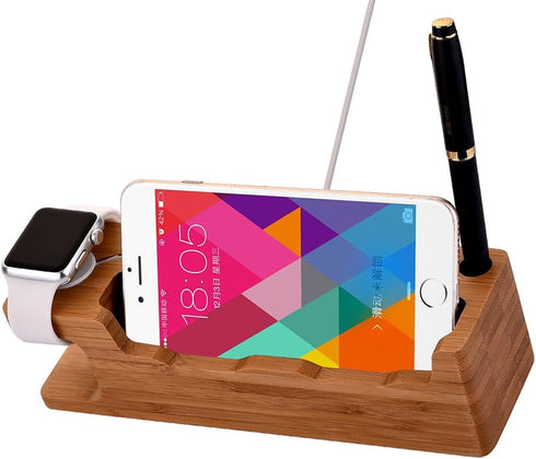 MOOZO Bamboo Wood Desktop Charging Dock Station Charger Holder Cradle Stand Compatible iPhone 16 15 14 13 12 11 Pro Max Apple Watch 2 3 4 / iWatch...